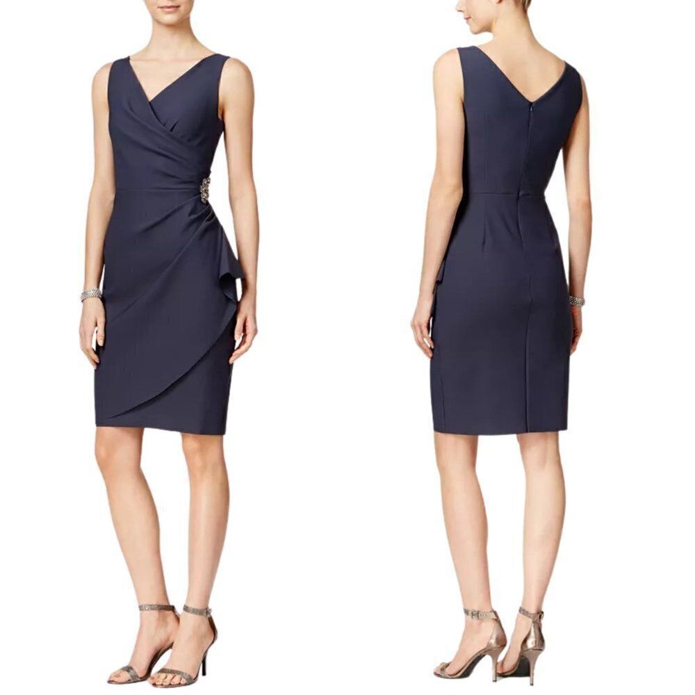 Alex Evenings Compression Cascade Ruffle Skirt & Beaded Detail Shift Dress NWT